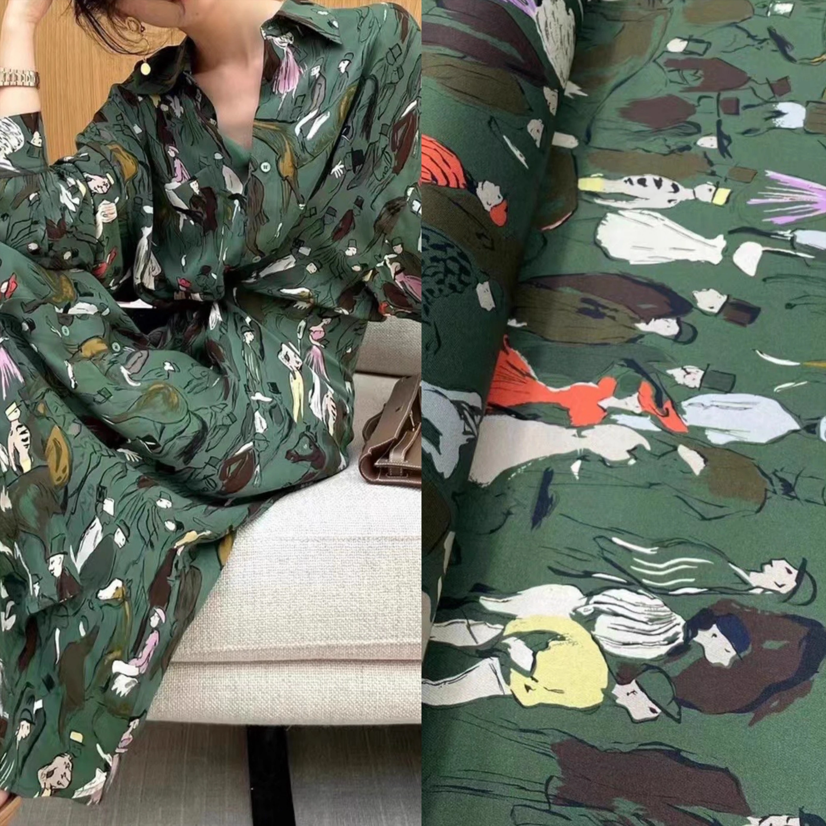 

Elastic Dark Green Twill Silk Fabric with Characters Print for DIY Sewing 95% Silk pandex Fabric for Dress Pajamas Pants R2354