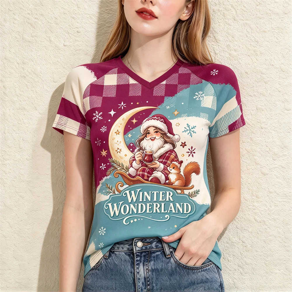 Vintage Christmas Women V Neck Tee Cute Elk & Winter House Graphic Print Raglan Short Sleeve T-shirt Casual Holiday Party Outfit