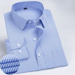 New Men Formal Shirt Long Sleeve Office Solid Color Striped Anti-Wrinkle Fashion Business Pocket White Social Pocket Shirt S-7XL