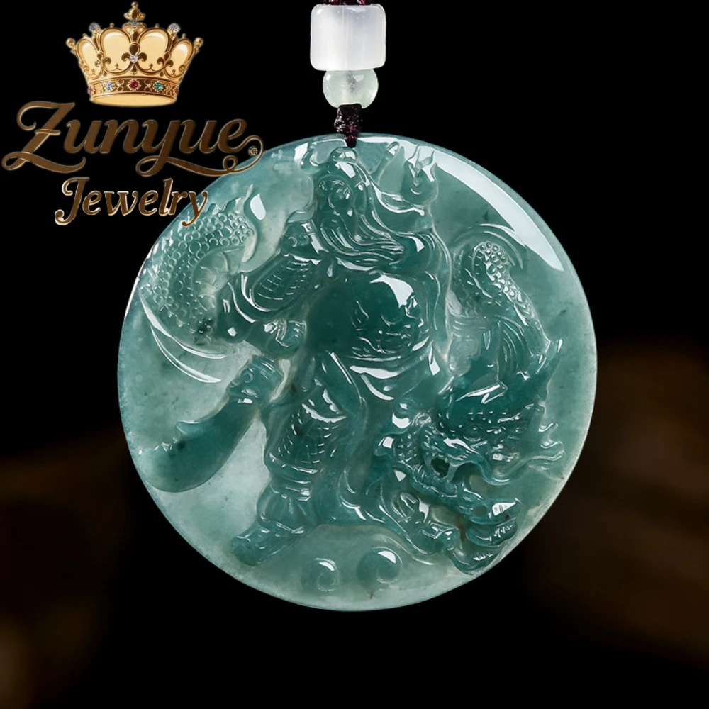 A-Grade Natural Icy Blue Water Jadeite Hand Carved Guan Gong Dragon Round Pendant Fashion Charm Classic Male Matching Accessory