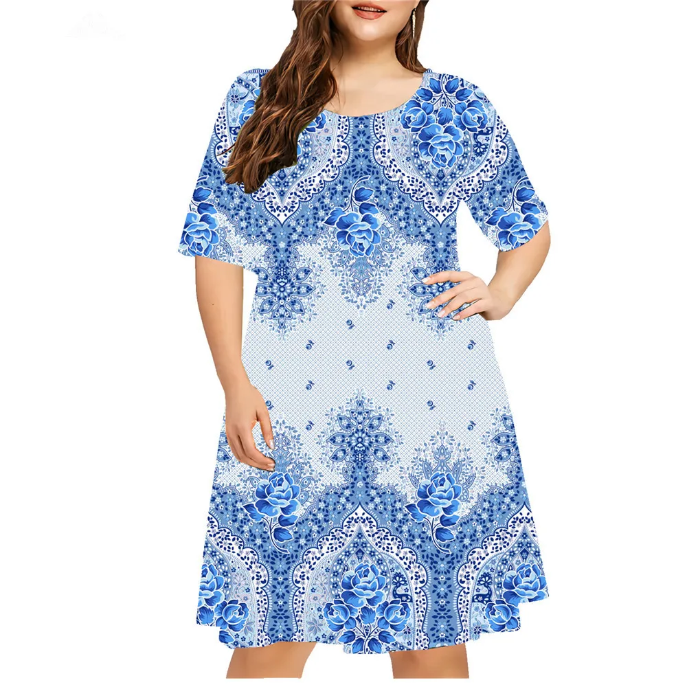 6XL Plus Size Dresses Women Blue Flower 3D Print Dress Loose Sundress Vintage Clothes Casual O-Neck Short Sleeve Dress 2024 New