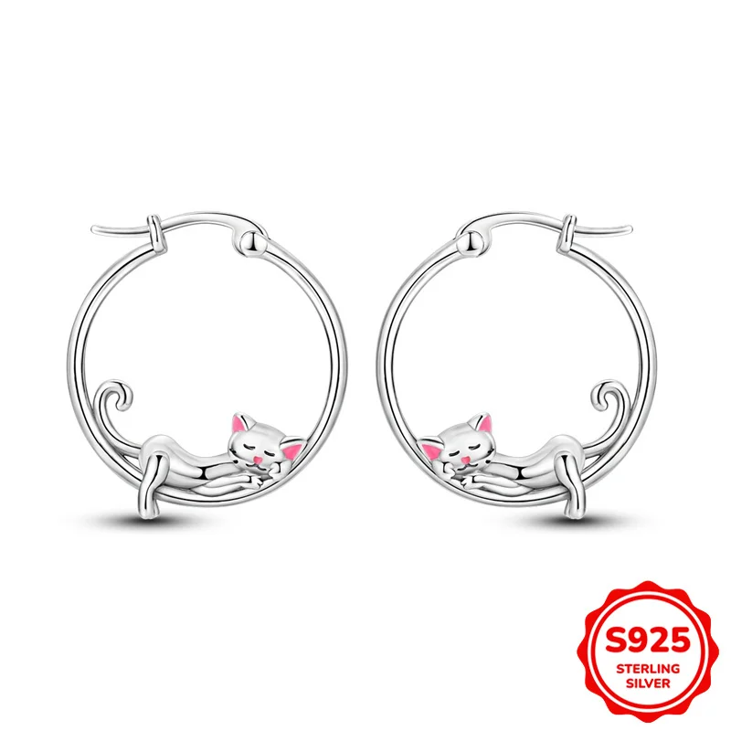 

100% 925 Sterling Silver Earrings Women Lazy Cat Hoop Earring For Anniversary Wedding Jewelry Gift