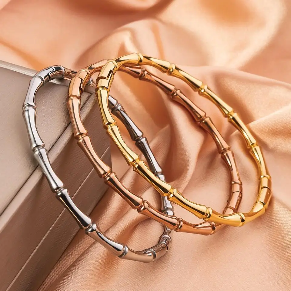 RAKOL Simple Stainless Steel Gold Color Bamboo Joint Bangles Trend Bracelet For Women Men Romantic Party Gift Fashion Jewelry