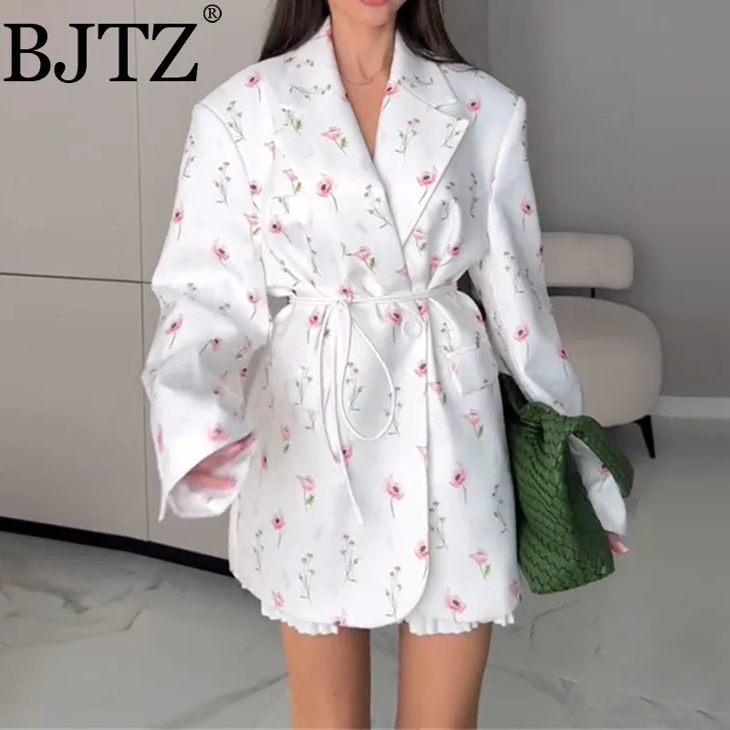 

BJTZ Women's Fashion 2025 Spring Summer New Printed Loose Blazer With Tie Waist Loose Casual Long Sleeve Female Clothing Top