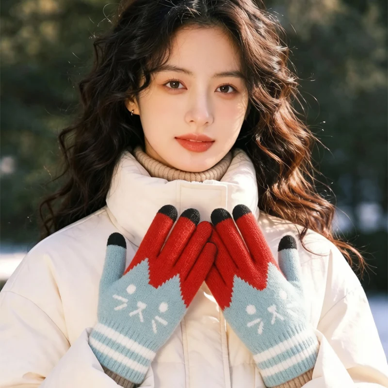 New Winter Cold-Proof Fleece-Lined Kt Cat Jacquard Women's Finger-Separated Knitted Warm Autumn and Winter Touch Screen Gloves