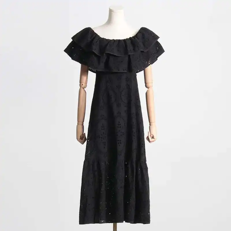 Inspiriertes grünes Broderie Anglaise Midi-Stickerei, gerüschte Ärmel, schulterfrei, Sommer, neues Boho-Strandpartykleid