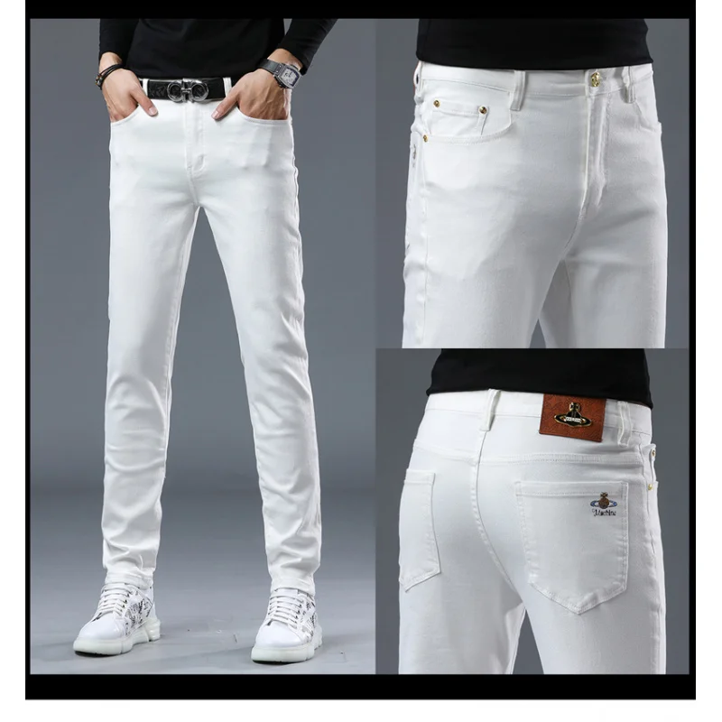 2024 fall high-end Tide brand embroidery men's jeans simple white slim small feet casual fashion versatile elastic men's pants