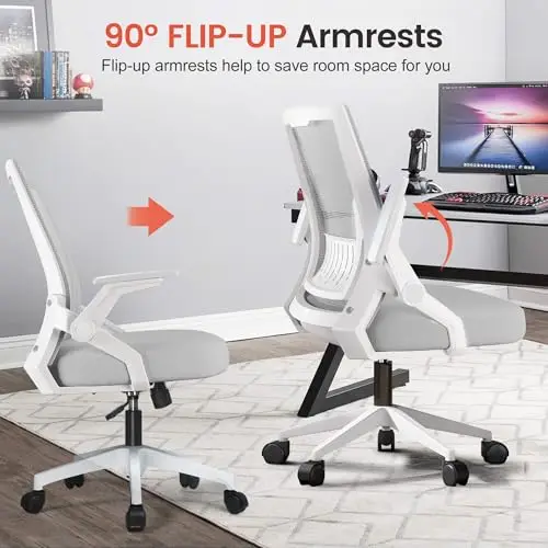 

Moon Gray Ergonomic Mesh Office Chair With 90° Flip-Up Armrests And Adjustable Lumbar Support For Home Or Executive Use
