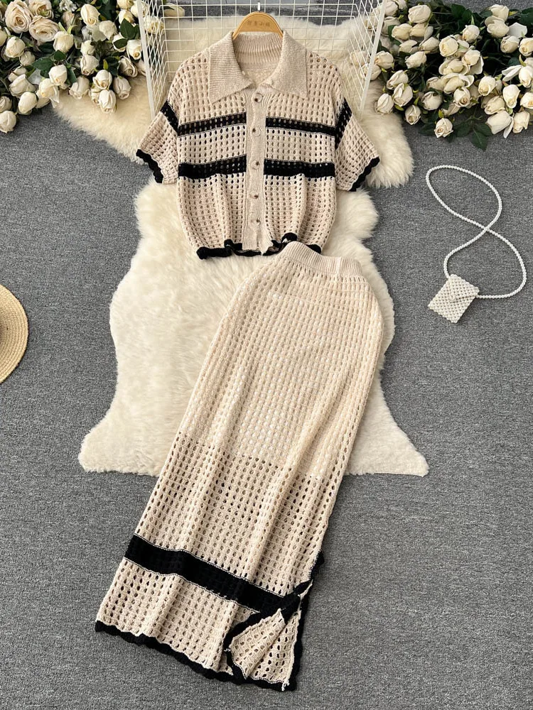 Spring Summer Hollow Out Beach Suits 2023 Vintage Lapel Neck Knit Loose Top+Long Split Skirt Sets Knitted Casual Two Pieces Sets