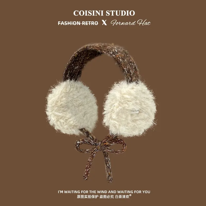 Women Korean INS Style Color Block Strap Plush Earmuffs Winter Versatile Warm Windproof Fuzzy Ear Warmers with Tie Band