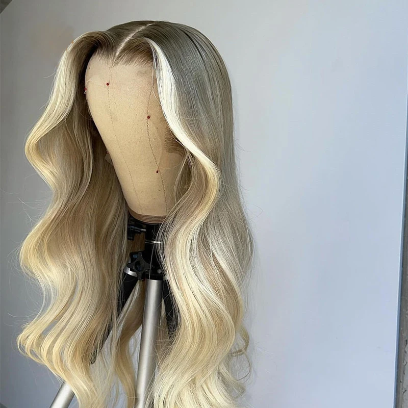 Natural Glueless 24Inch Body Wave Highlight Blond HD Lace Frontal Wigs 180 Density Pre Plucked Hair Wigs For Women Deep Part