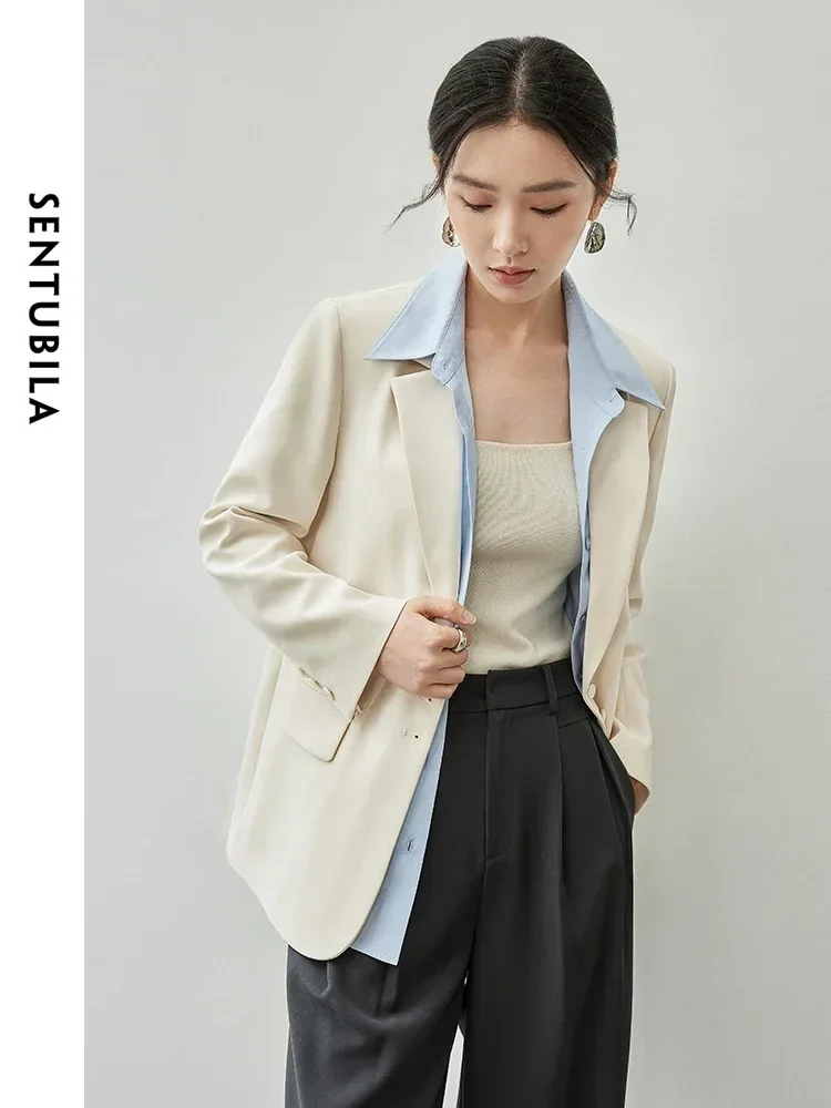 SENTUBILA Padded Shoulder Blazer for Women 2024 Autumn Commute Casual Loose Office Lady Work Business Tailored Coat 143X56552