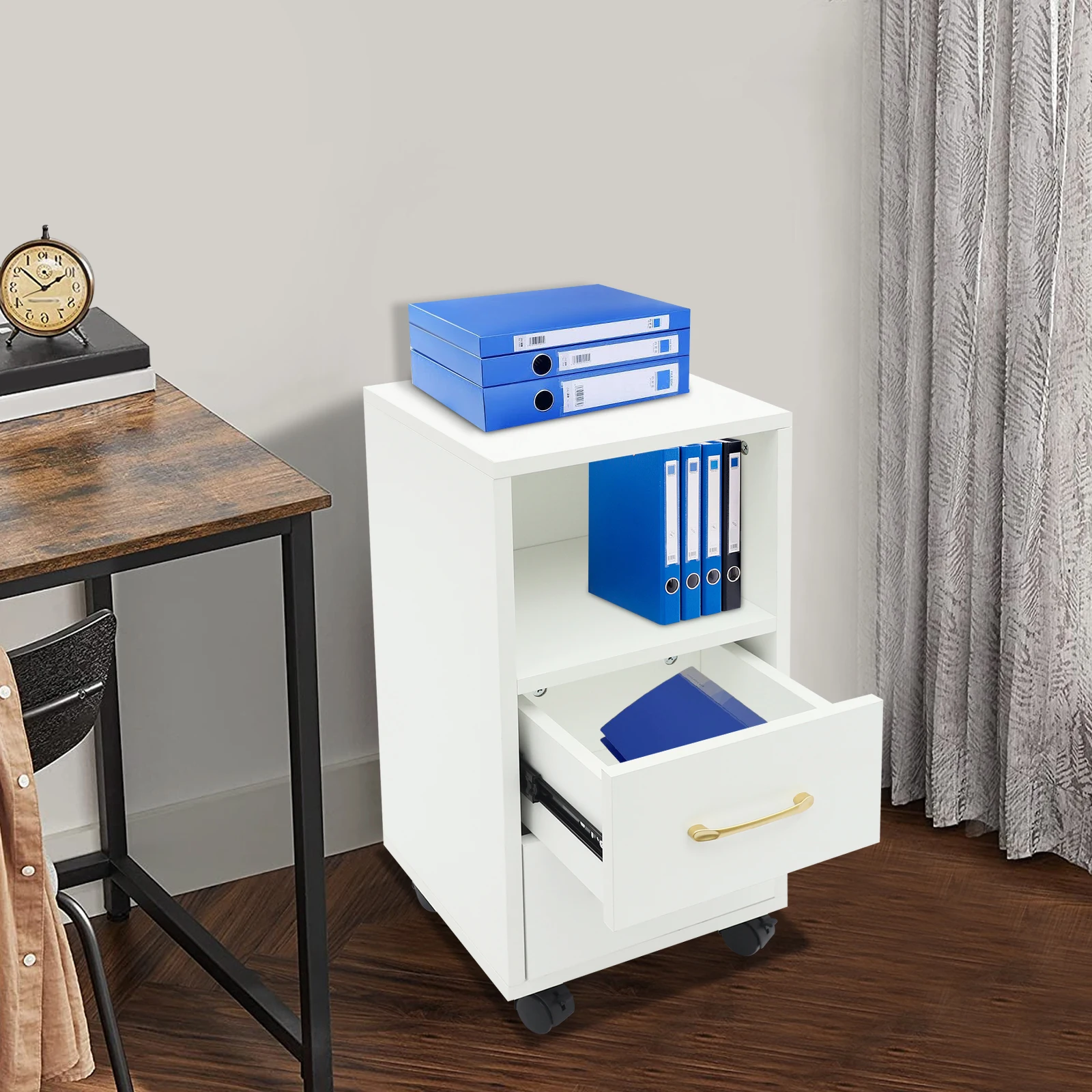 4 Braked Wheels Side Table with 2 Drawers Movable Storage Cabinet Modern Minimalist Design Particleboard Dust Proof for Living Room Bedroom Office Study