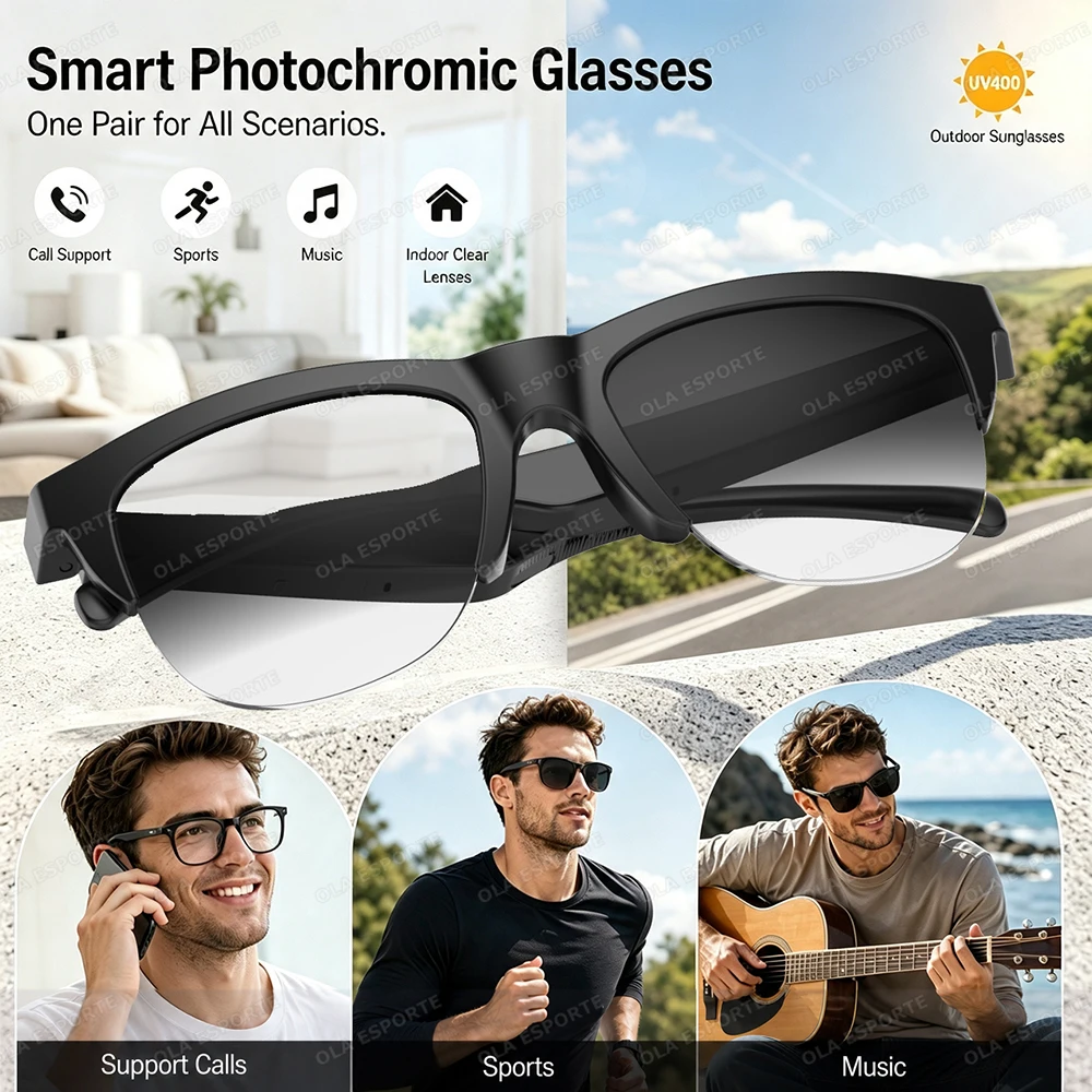 Photosensitive Color Change Smart Glasses Bluetooth Voice Call Control Music UV Polarized Sunglasses Headphone Glasses Man Women