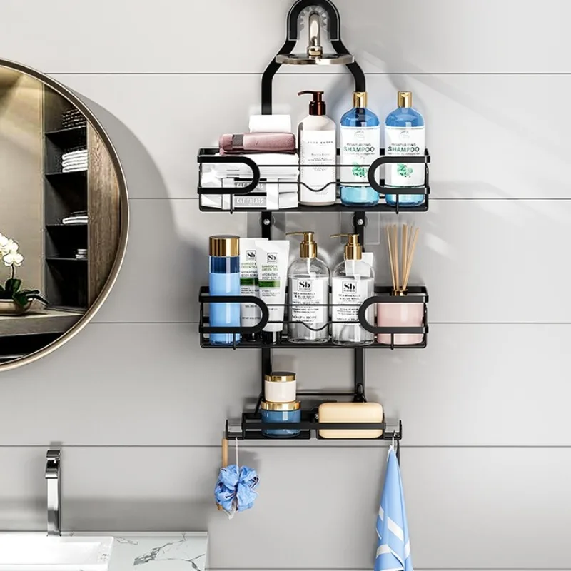 Waterproof Bathroom Shelf Household Non-punching Hunging Large Space Triple Tier Shower Storage Shelf Modern Bathroom Fixture