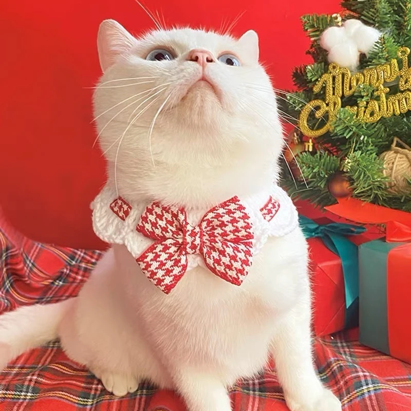 

Red and Black Checkered Houndstooth Pet Collar Bib Water Towel Knitted Collar Decoration Used for Small Pets Bow Tie Accessories