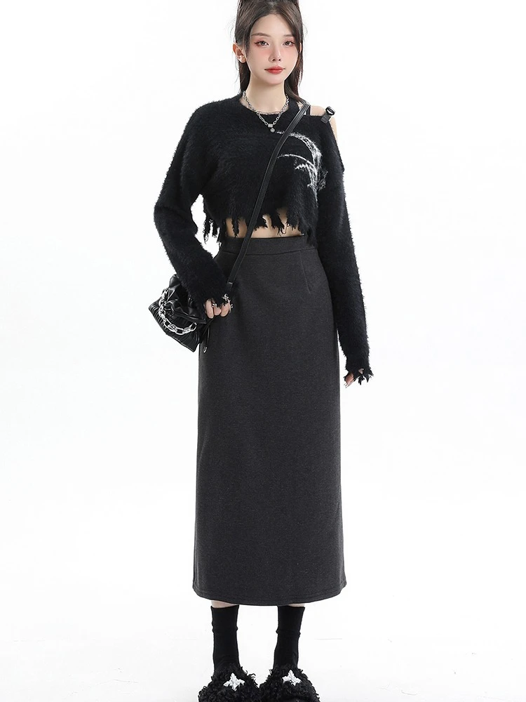 Velvet and thick woolen skirt women in autumn and winter high waist slimming straight tube slit A-line mid length skirt