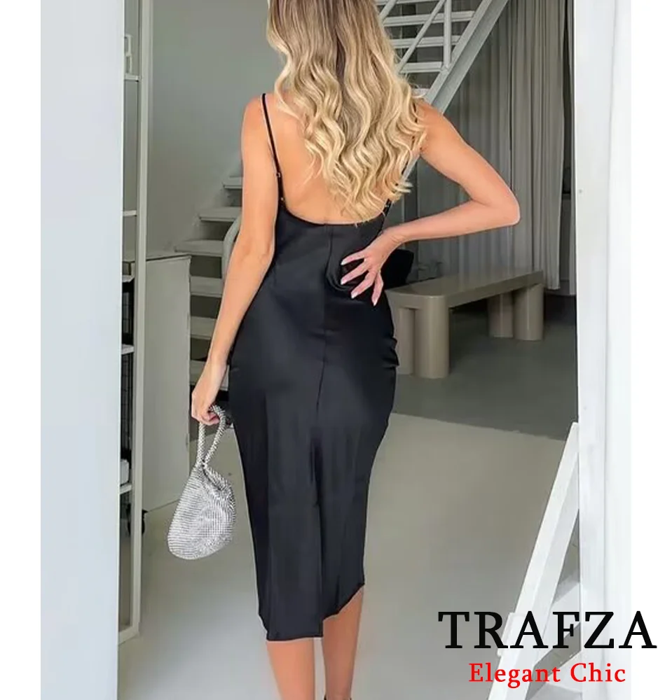 TRAFZA Women Elegant Satin Suspender Long Dress 5 Colors Slim Dress New Spring Summer 2025 Fashion Date Holiday Sexy Dress