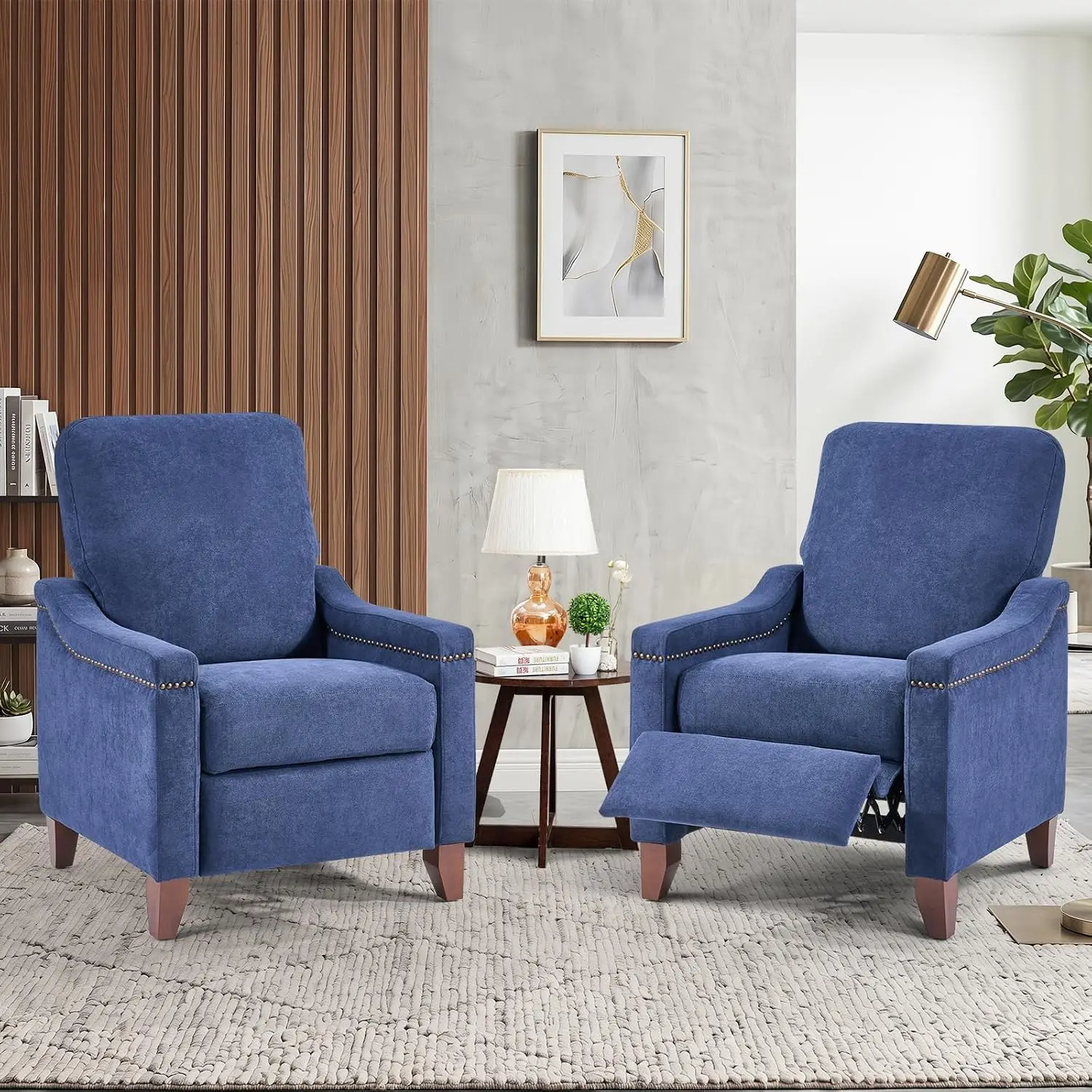 Chenille Pushback Recliner Set of 2 with Rivet & Padded Cushion, Tufted Back Reclining Chair for Living Room, Blue, Customized