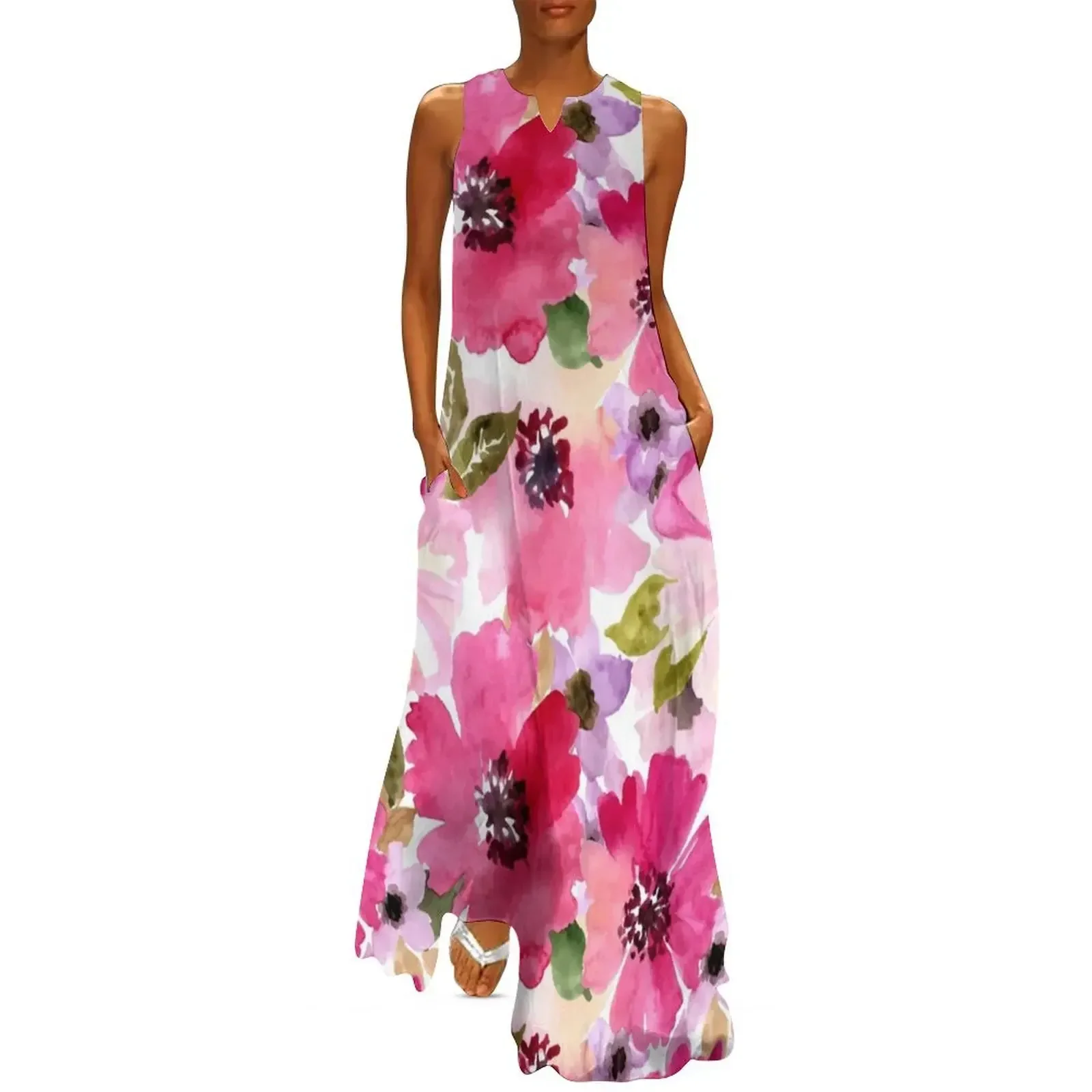 

Watercolor Flowers Pink Fuchsia Long Dress Summer women's clothing women long dresses summer outfits for women 2025 Dress