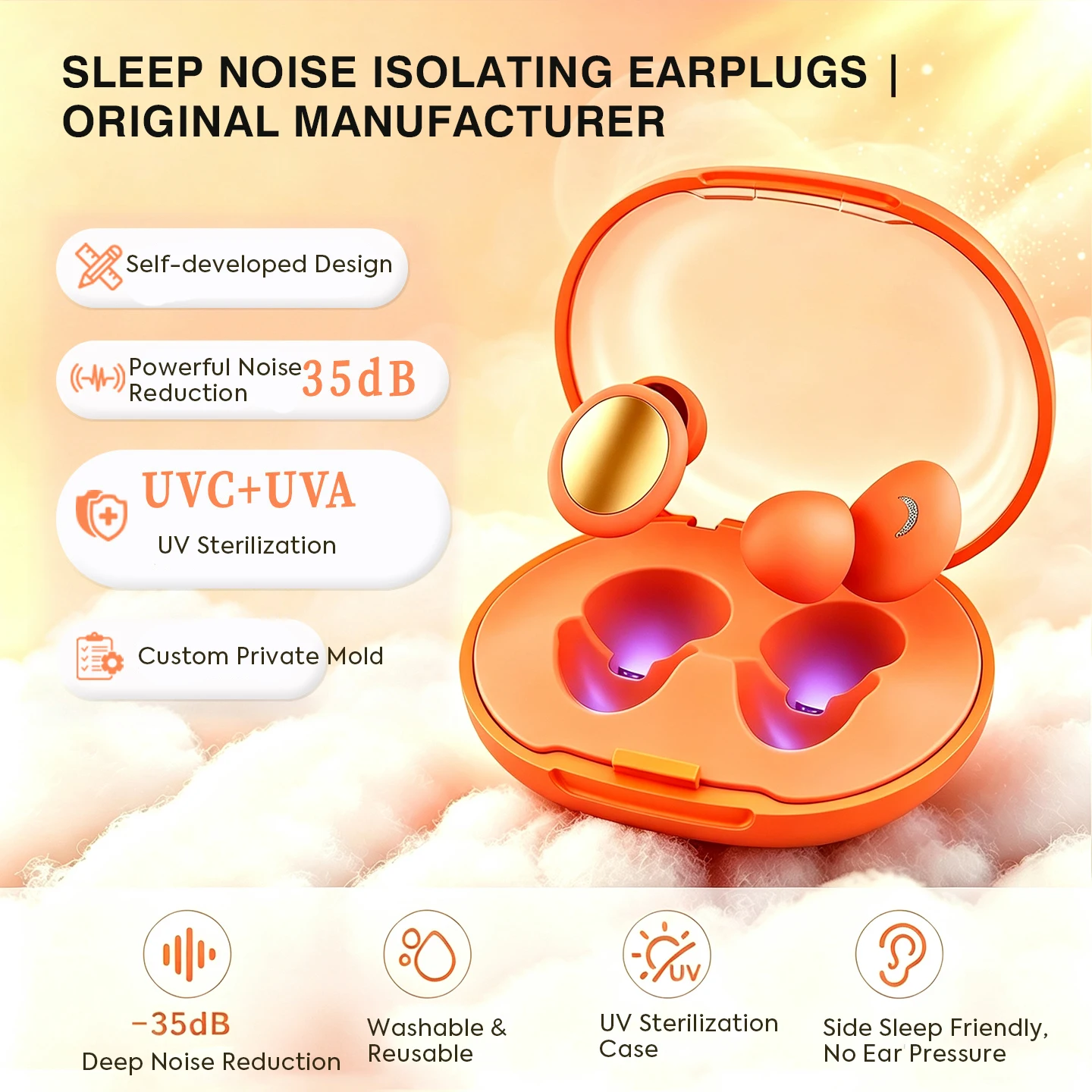 Olyga Reusable Silicone Earplugs for Sleeping, Side Sleepers, Study and Travel with 4 Ear Tip Sizes and UV Case