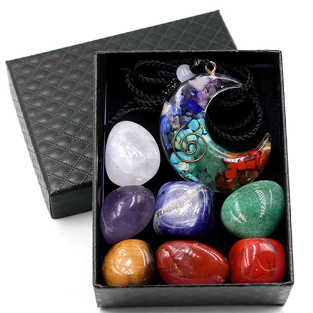 7 Chakra Natural Healing Crystals Stones Crescent Moon Orgone Energy Pendant Necklace Spiritual Quartz Enhance Tumbled Gemstones