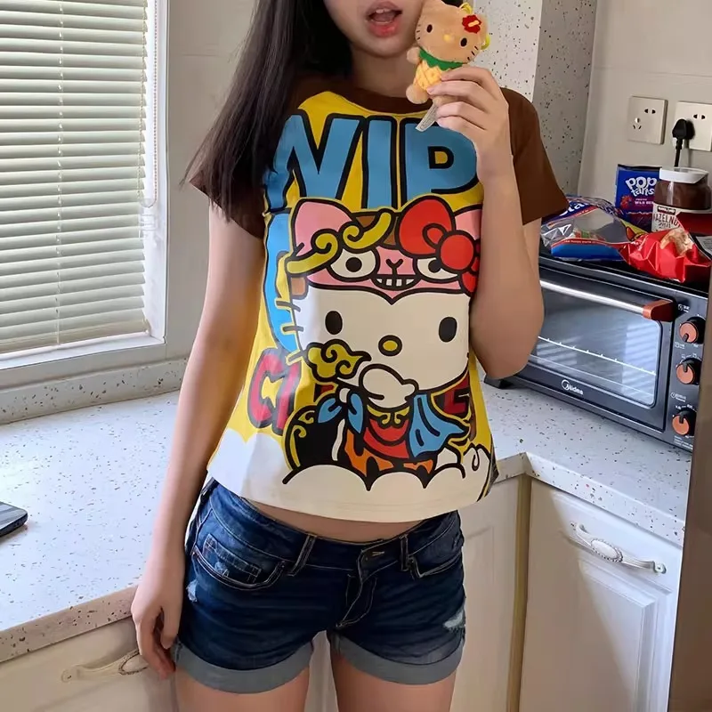 

Sanrio Hello Kitty, новые модные короткие топы в стиле аниме Y2k, летние милые футболки с мультяшным принтом, готические футболки с короткими рукавами High Street