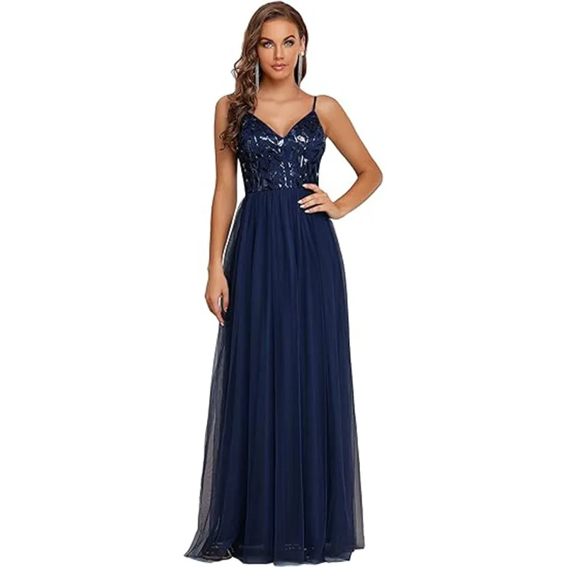 

New women's elegant suspender off-the-shoulder sleeves tulle splicing embroidered sequins long party evening dress party sexy te