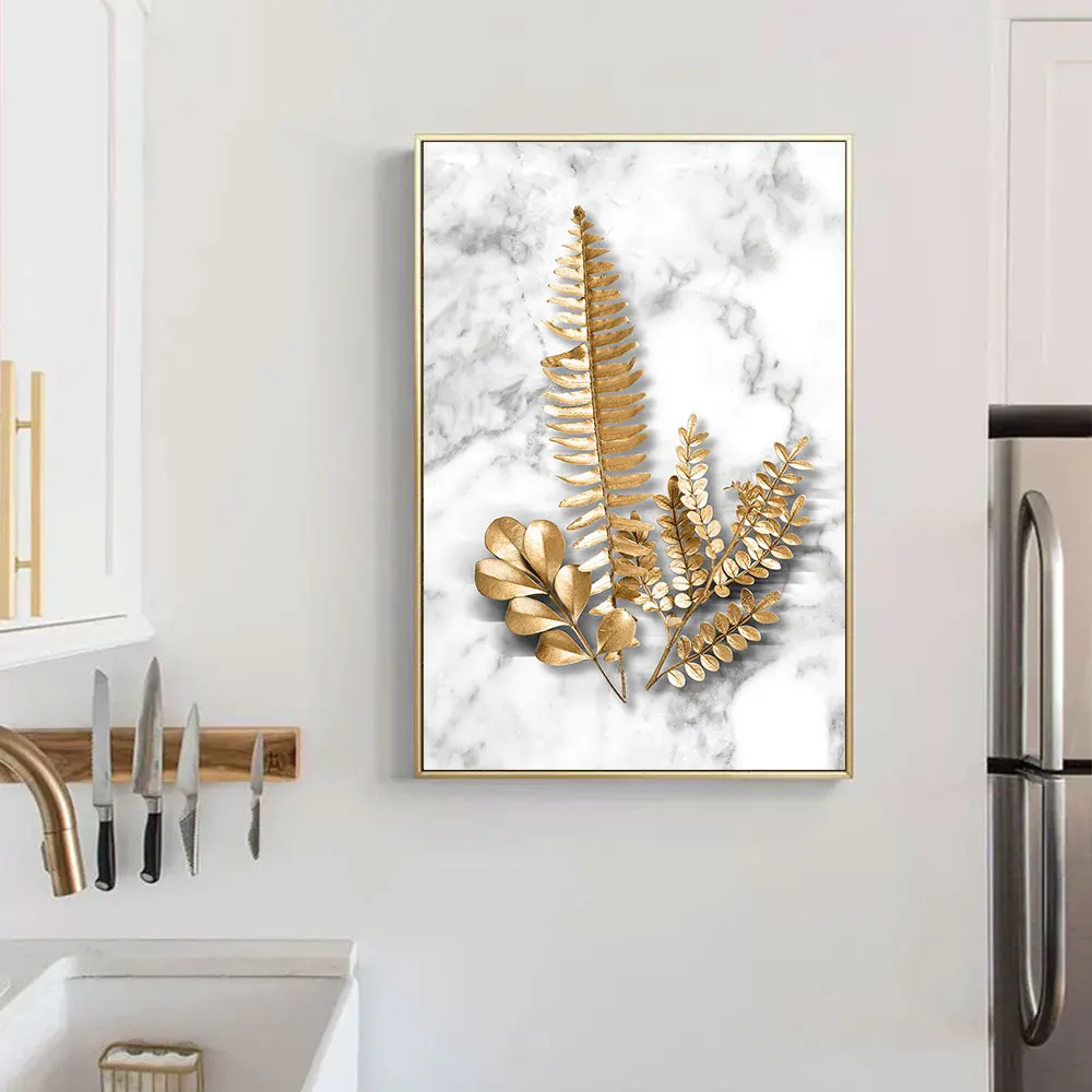 Golden Leaves Monstera Wall Art Canvas Painting Abstract Green