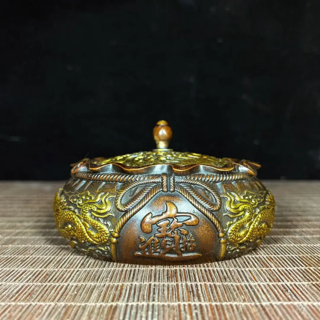 Gilt Pure Copper Treasure Basin in Money Bag Shape, Dragon & Phoenix Auspicious Pattern, Symbolizing Wealth Attraction