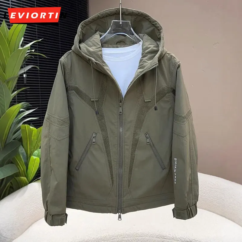 New men's fashionable patchwork jacket for autumn and winter, outdoor workwear, casual loose fit hooded warm cotton jacket