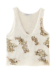 KAOPU ZA Women sequin knit tank top vintage v-neck sleeveless female waistcoat chic tops