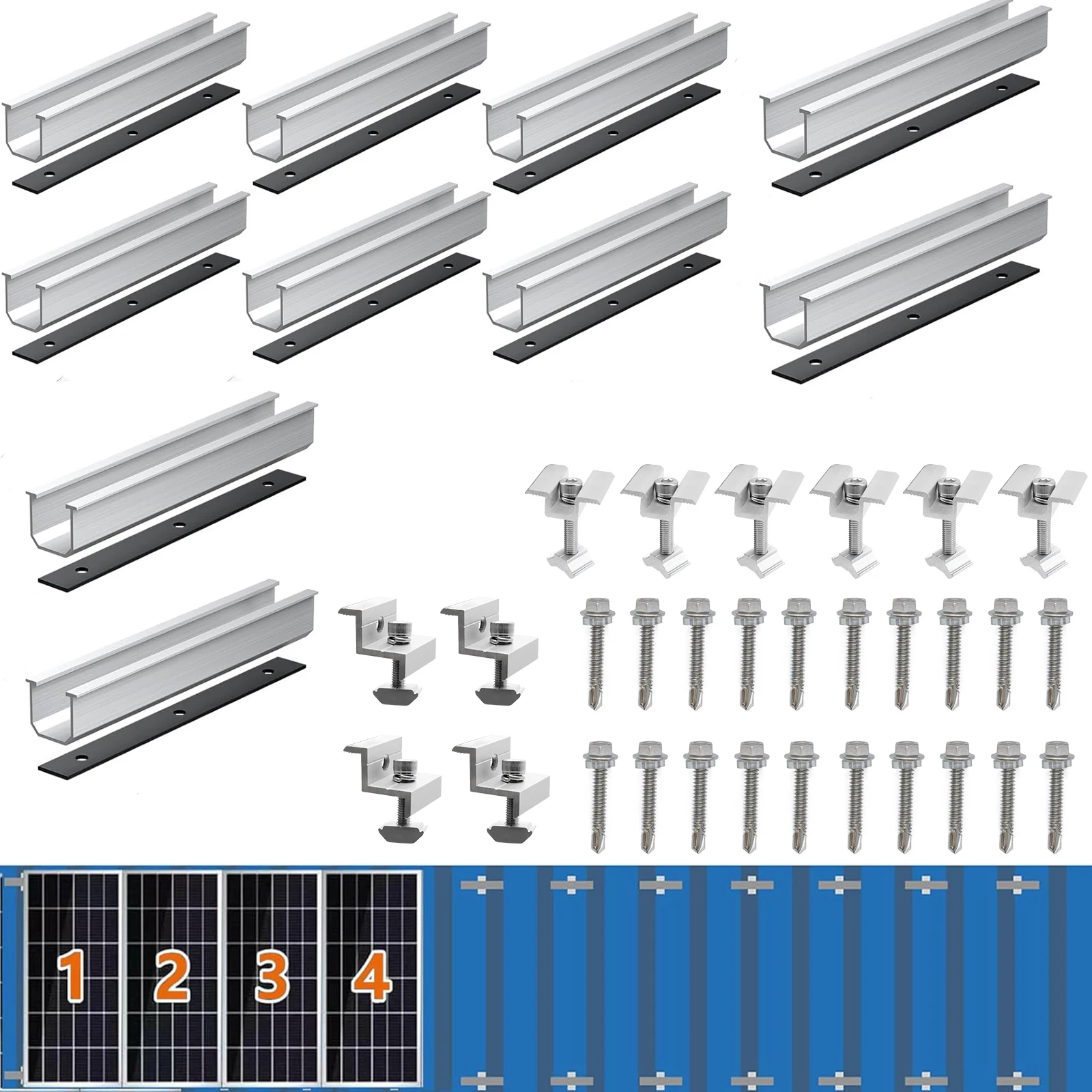 10/6/4pcs 30cm Solar Panel Bracket Aluminum PV Rail Fastening Module Trapezoidal Roof Mount Solar Rail End and Middle Clamps