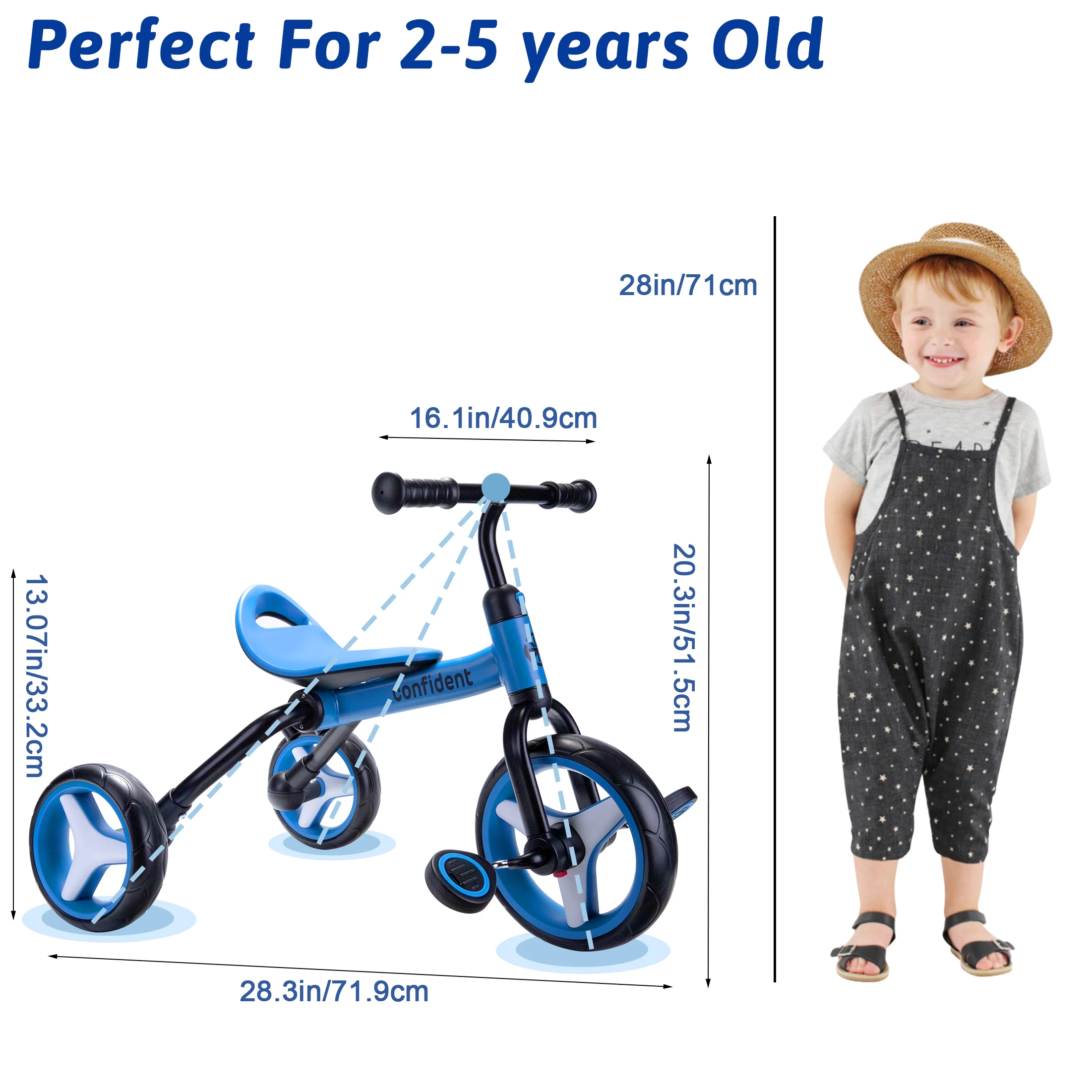 4 In 1 Kids Tricycle For 2-5 Years Old Boy & Girl Gift, Folding Toddler Balance Bike With Removable Pedals Balance Training Bike