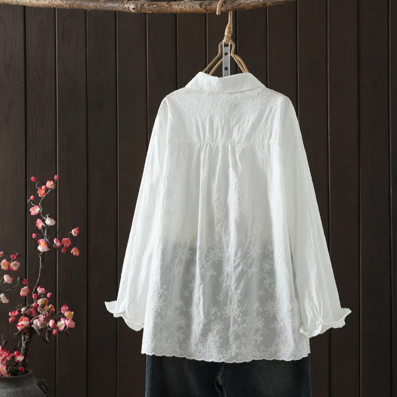 [Gotowy towar] Wysokiej jakości damska bluzka/koszula ze 100% bawełny, haft żakardowy, jednolity kolor, nowa kolekcja jesień 2025, rozpinane koszule/kardigany