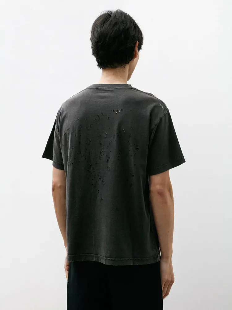 Retro Cotton T-Shirt round Neck Short Sleeve Printed Black Hole Worn-look Youth Casual Wear Breathable Summer Outdoor Activity