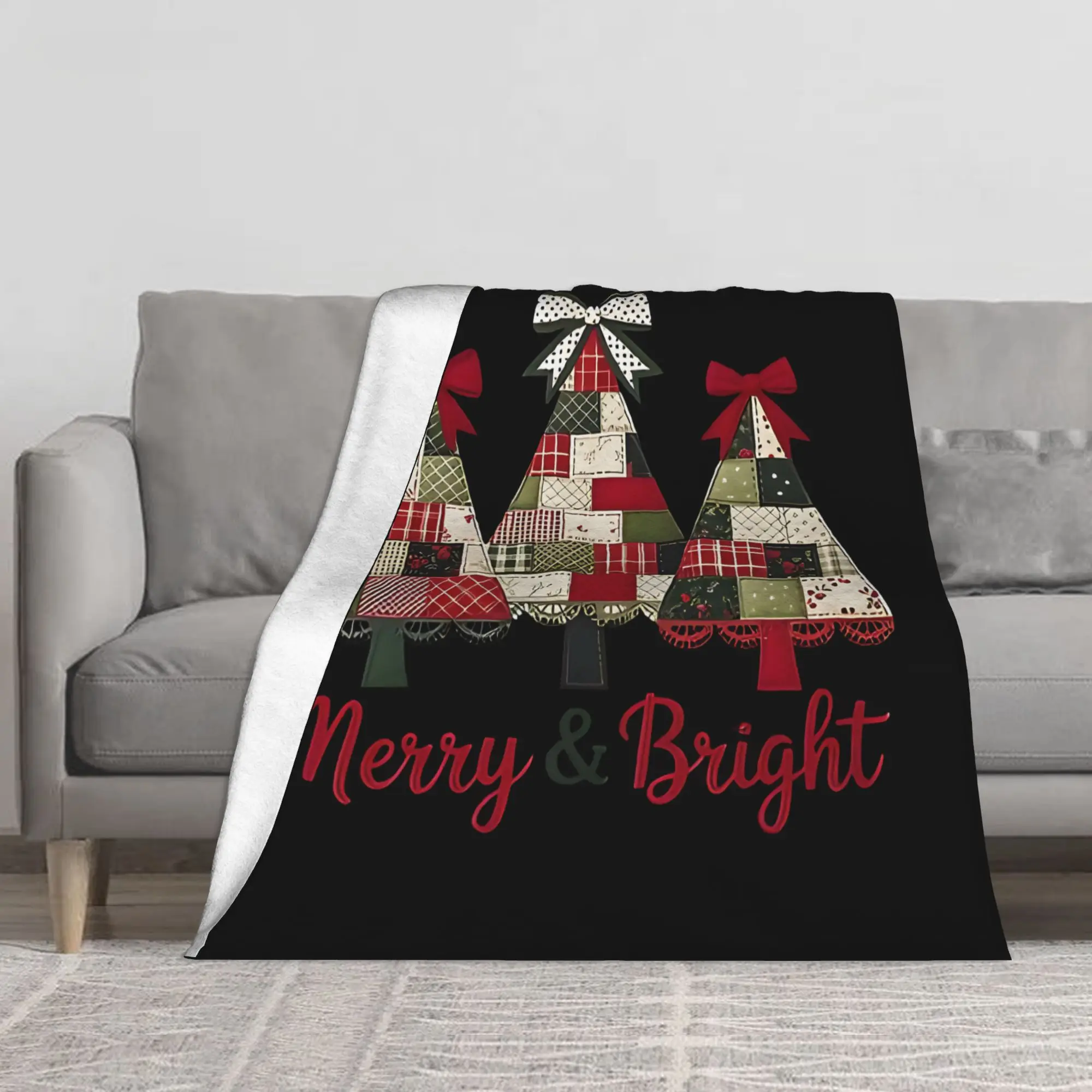 1PC Merry And Bright Patchwork Christmas Tree Blanket Throw Super Cosy Plush Living Room Sofa