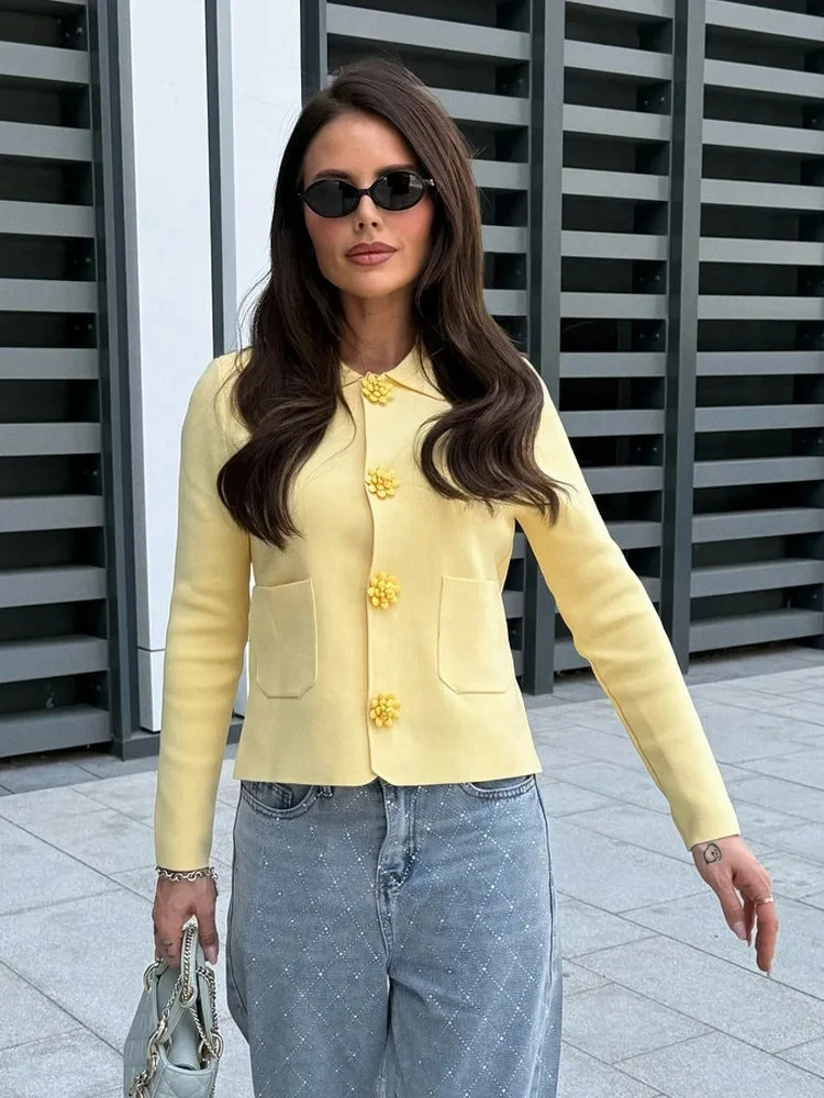 Yellow Pockets Long Sleeve Cardigan Women Autumn Turndown Collar Beading Button Sweater Streetwear Fashion Casual Knit Outerwear