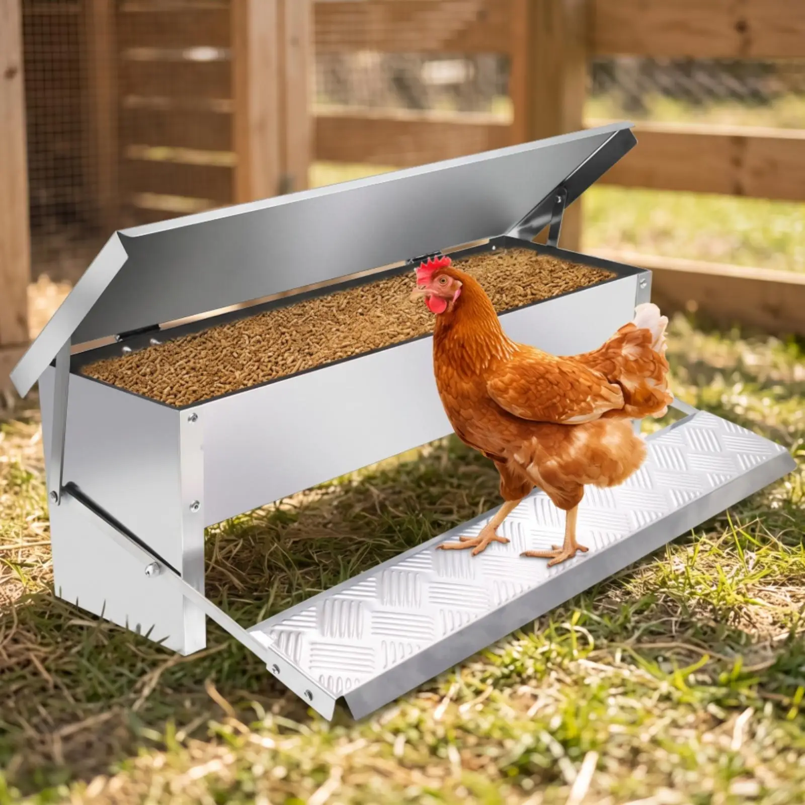 Automatic Poultry Feeder Trough Galvanized Steel Treadle Lid Chicken Feeding Container for Backyard Birds Outside view 4