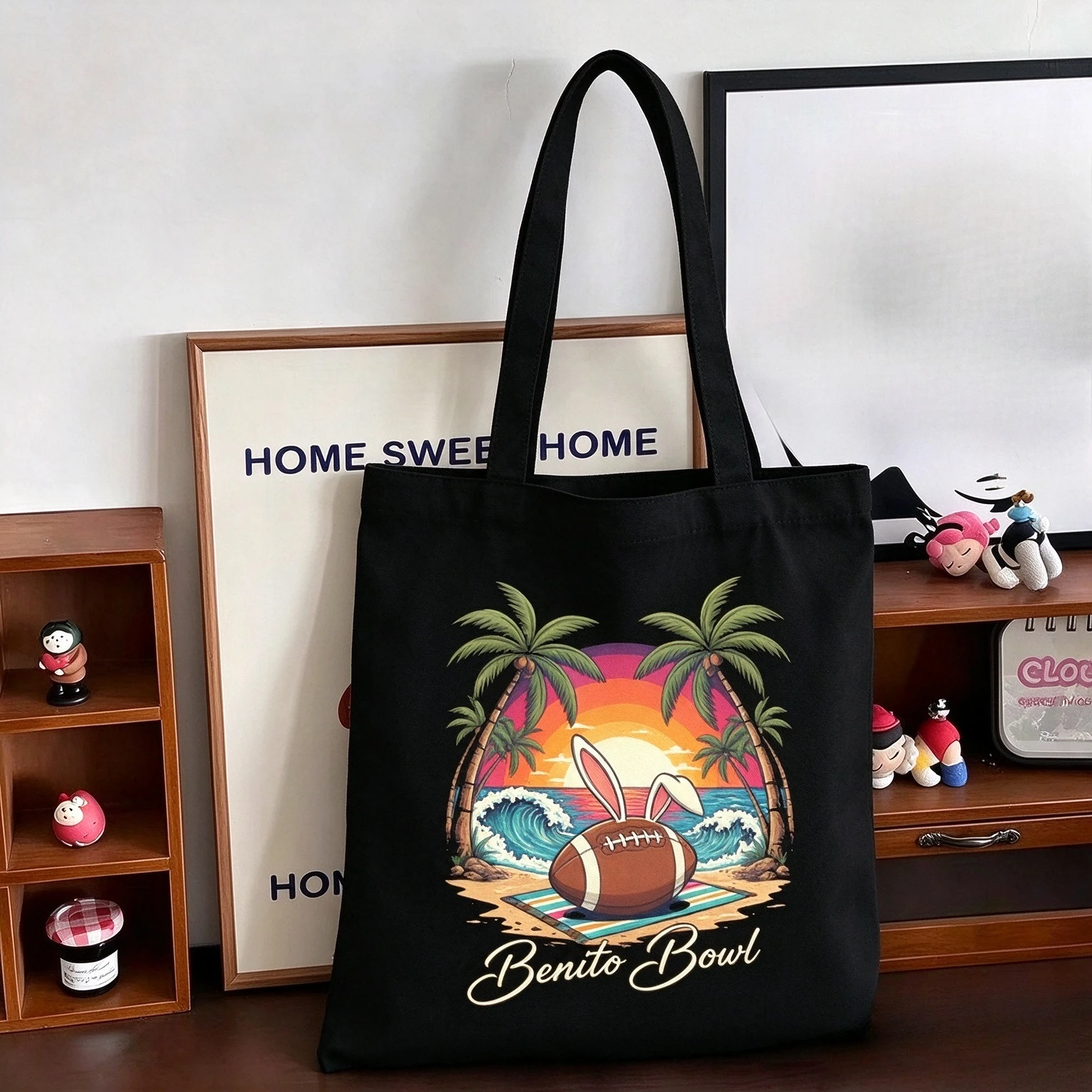 2026 Tropical Beach Sunset Canvas Tote Bag Beach Grid Bowl Original Retro Print Lightweight Aesthetic Reusable Shopping Handbag