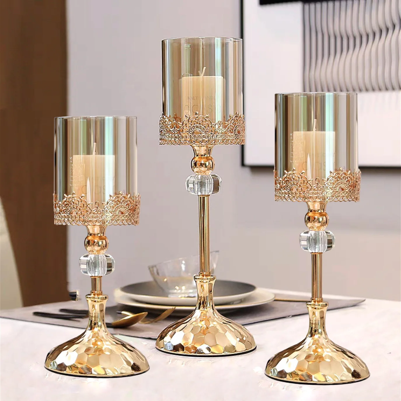 European Light Luxury Metal Lace Glass Candlestick Ornament Home Romantic Atmosphere Candlelight Dinner Candle Decoration