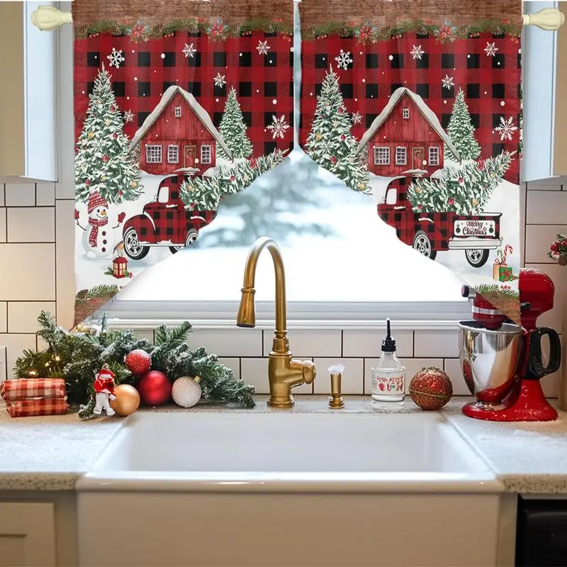 VIKAMA Christmas Red Truck Triangle Curtains, Buffalo Check Snow House, Christmas Tree, and Snowman Short Valances, Home Decor