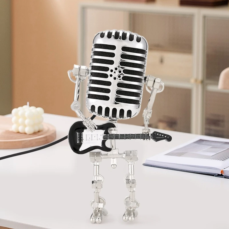ABKO-Mic Robot,Retro Style Microphone Robot Table Lamp,Holding Guitare Night Light,Vintage Microphone Robot Desk Lamp