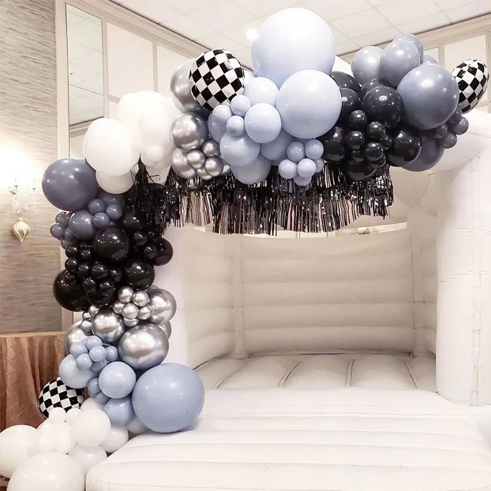 148pcs/set Grey Black Balloon Garland Arch Kit 2D Checkerboard Aluminum Foil Balloon Racing Themed Birthday Party Decorations