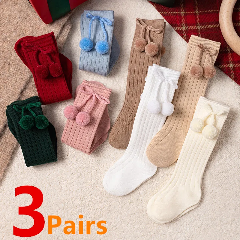 3Pairs/Lot Baby Ball Knee High Socks Soft Cotton Kids Girls Cute Stripe Solid Sock Spanish Children Long Socken For 0-8Years