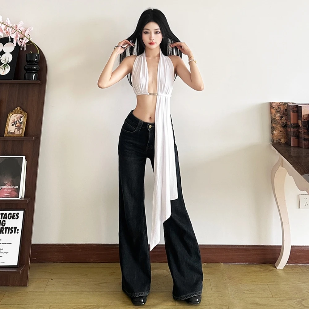 SylCue 섹시한 조끼 여성 불규칙한 홀터넥 래핑 된 가슴 민소매 백리스 리본 Hot Chick 스트리트 패션 와일드 스타일 의류