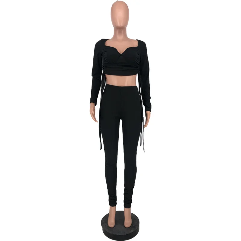 Sexy Two Piece Set Women Festival Clothing Drawstring Ruched Long Sleeve Crop Top and Pants Leggings Party Club Birthday Outfits