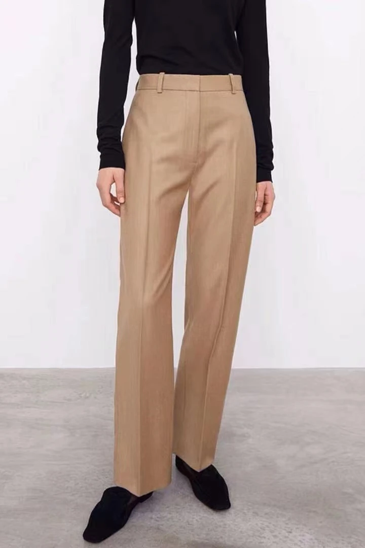 Women\'s Wool Straight Trousers Fashion Brand R0W New Minimal Design Camel Suit Pants High Waist Casual Smoke Pipe Trousers