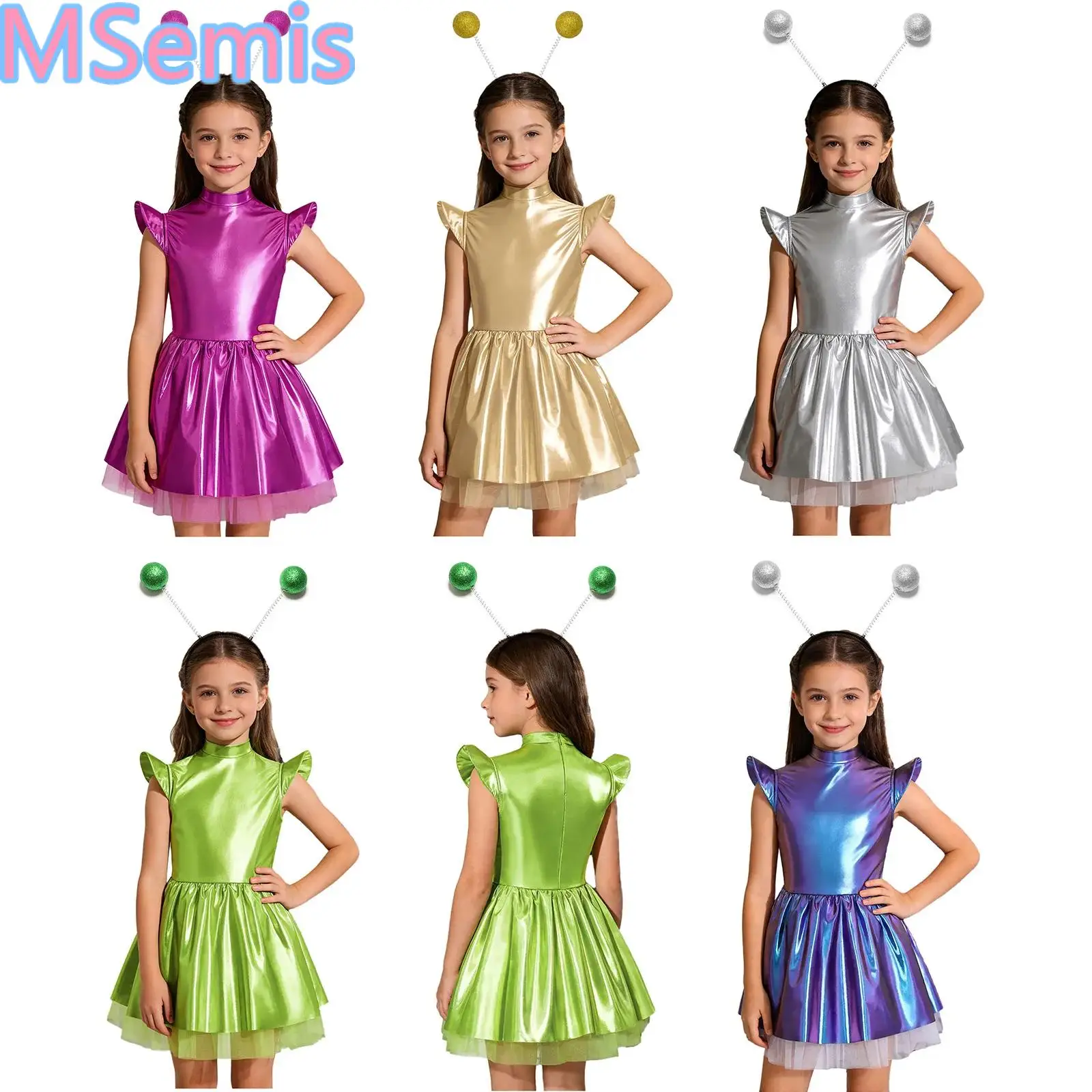 Kids Girls Alien Iridescent Glossy Flying Sleeve Invisible Zipper Ruffled Tutu Dress with Hair Hoop for Theme Party Performance