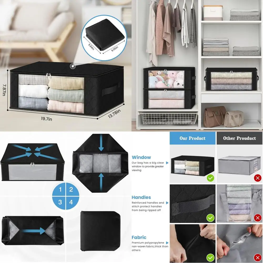 

4-Pack Foldable Storage Bags with Clear View Window for Clothes, Blankets, and More - 35L Capacity, Black